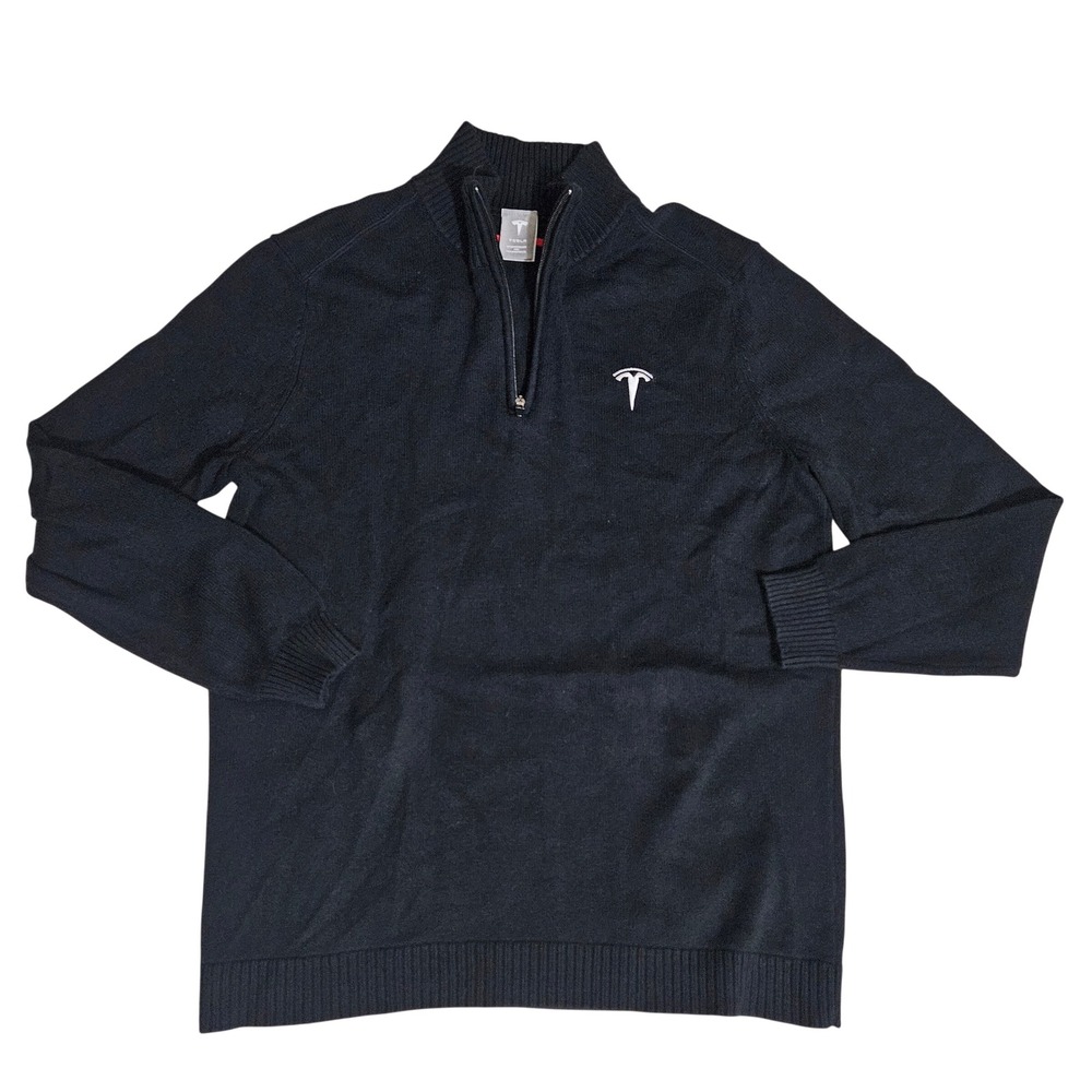 Tesla Motors Mens Large Quarter Zip Sweater Black Cotton Blend Logo Pullover